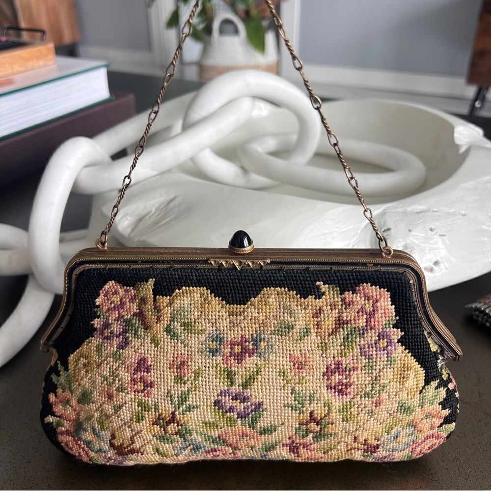 Vintage Petit Point Floral Tapestry Handbag with Chain Strap